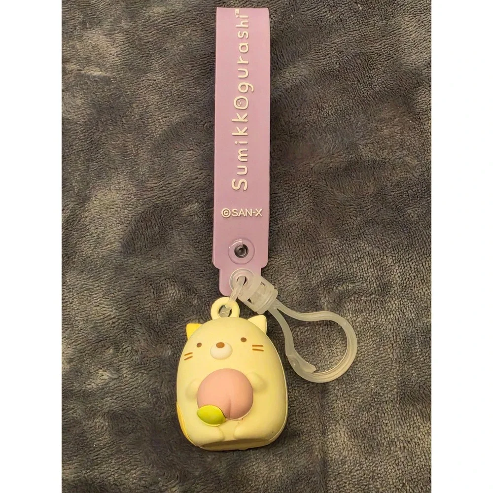 San-X Sumikko Gurashi Neko Cat Peach Silicone Charm Keychain Purple Wristlet
